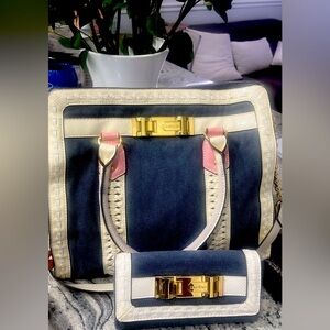 Bebe matching hand bag & wallet set. Denim like material. Wallet new with tag